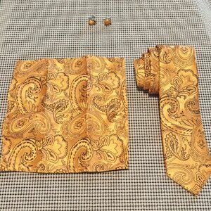 Necktie, Pocket Square, Cufflinks for Men, Silk-Orange/Black
